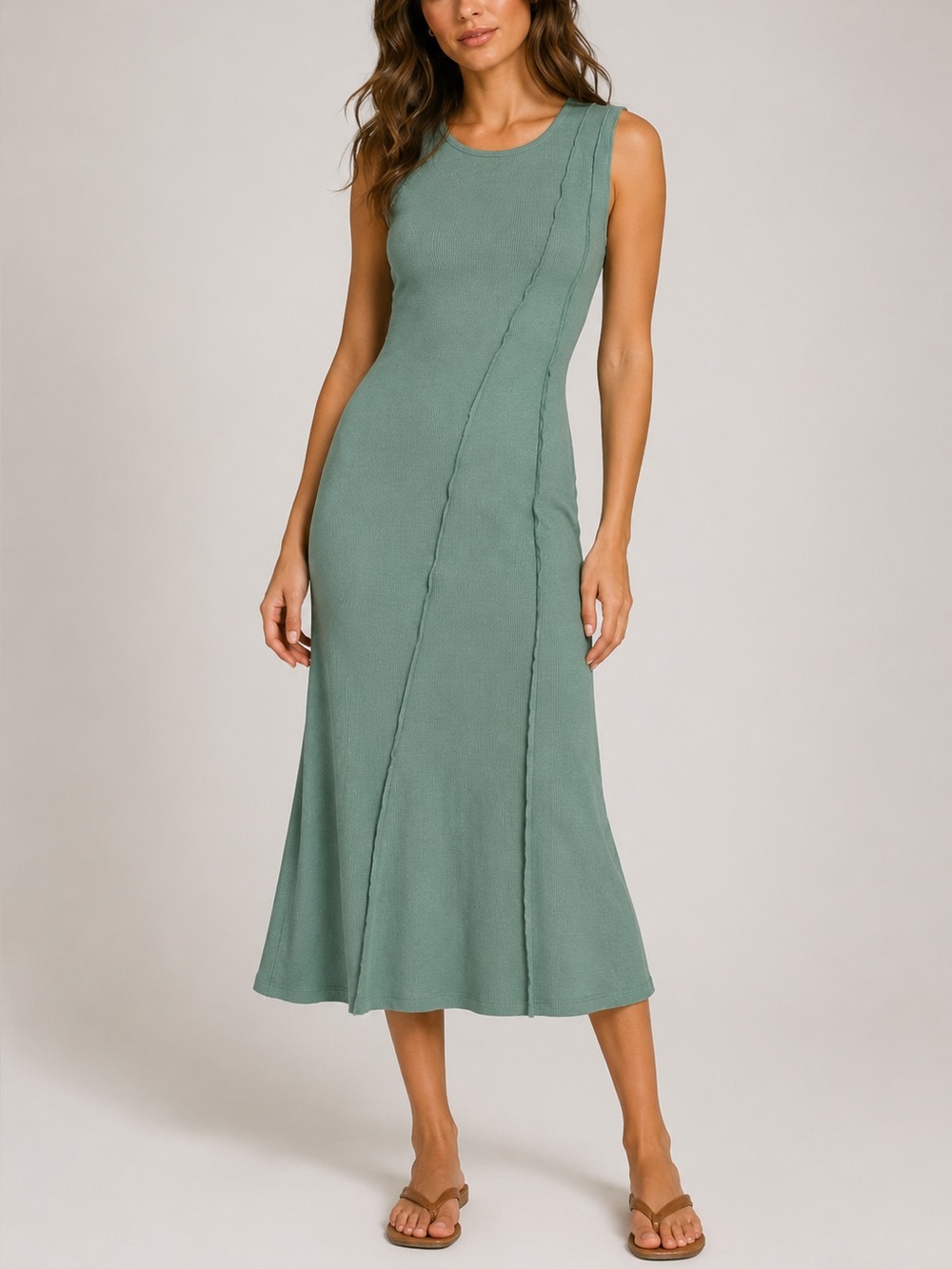 New In Boutique Sleeveless Sage Green Midi Ribbed Dress Women’s Large Casual